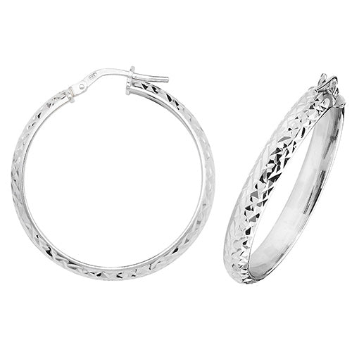 Silver 25mm D-Shape Diamond Cut Hoop Earrings - E Bixby Jewellers