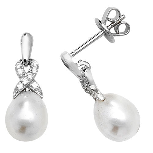 Silver Cz & Pearl Drop Earrings - E Bixby Jewellers