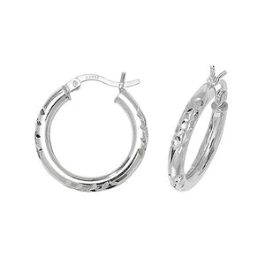 Silver 15mm Half Diamond Cut Hoop Earrings - E Bixby Jewellers