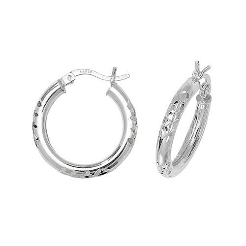 Silver 15mm Half Diamond Cut Hoop Earrings - E Bixby Jewellers