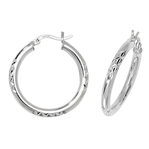 Silver 20mm Half Diamond Cut Hoop Earrings - E Bixby Jewellers