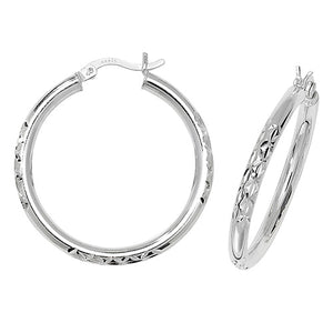 Silver 25mm Half Diamond Cut Hoop Earrings - E Bixby Jewellers
