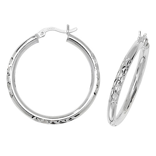 Silver 25mm Half Diamond Cut Hoop Earrings - E Bixby Jewellers