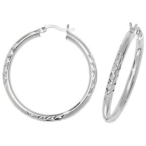 Silver 30mm Half Diamond Cut Hoop Earrings - E Bixby Jewellers