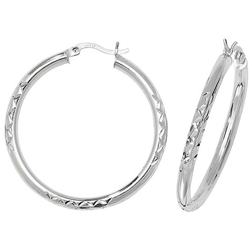 Silver 30mm Half Diamond Cut Hoop Earrings - E Bixby Jewellers