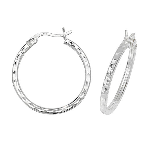 Silver 20mm Square Profile Diamond Cut Hoop Earrings - E Bixby Jewellers