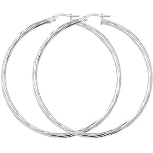 Silver 50mm Close Twist Plain Hoop Earrings - E Bixby Jewellers