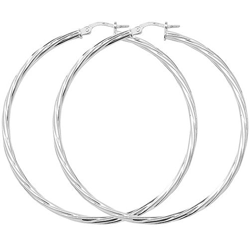 Silver 50mm Close Twist Plain Hoop Earrings - E Bixby Jewellers