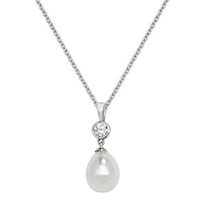 Silver Ladies Pearl & CZ Rhodium Plated Pendant with Chain - E Bixby Jewellers