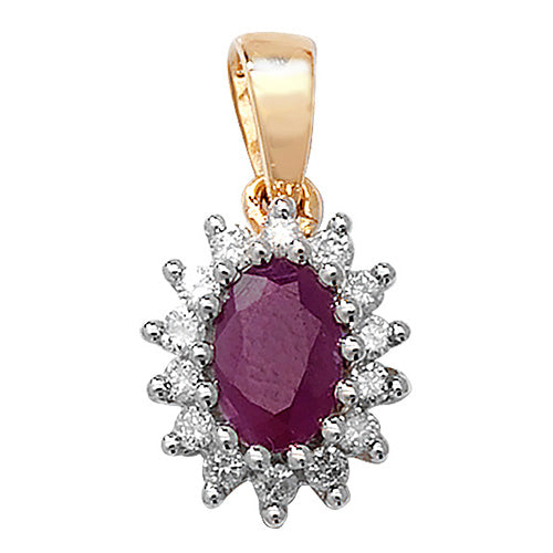 9ct Yellow Gold Diamond Cluster 6x4 Oval Ruby Pendant - E Bixby Jewellers