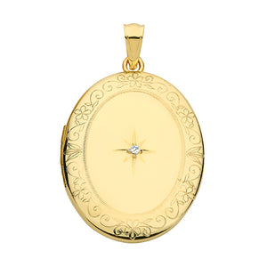 9ct Yellow Gold Oval Engraved Diamond Set Locket - E Bixby Jewellers