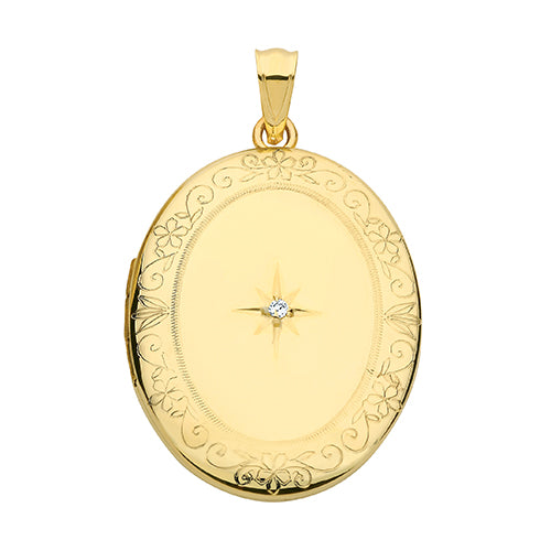 9ct Yellow Gold Oval Engraved Diamond Set Locket - E Bixby Jewellers