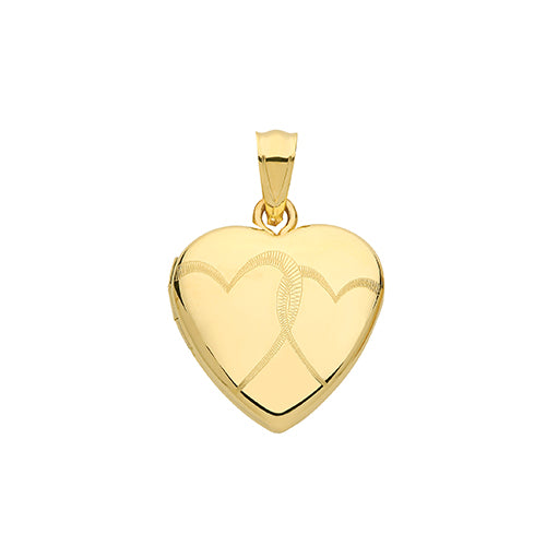 9ct Yellow Gold Double Heart Engraved Heart Shape Locket - E Bixby Jewellers