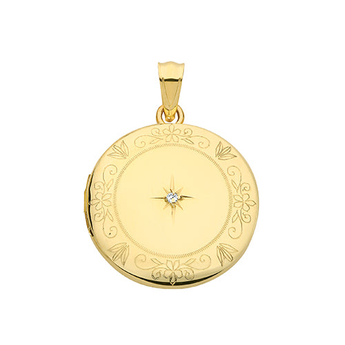 9ct Yellow Gold Round Diamond Set  Engraved Locket - E Bixby Jewellers