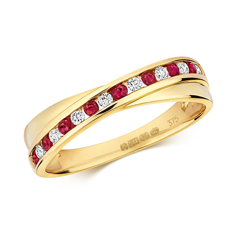 9ct Yellow Gold Diamond & Ruby Crossover Eternity Ring - E Bixby Jewellers