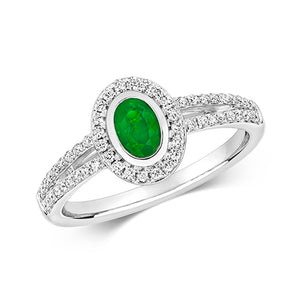 9ct White Gold Diamond Cluster & Oval Emerald Ring - E Bixby Jewellers