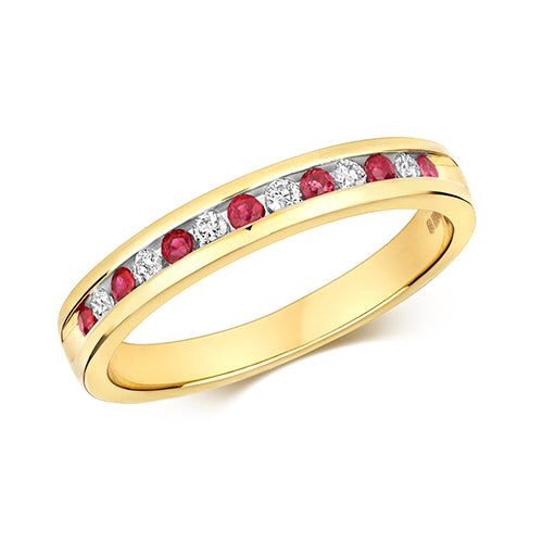 9ct Yellow Gold Diamond & Ruby Half Eternity Ring - E Bixby Jewellers