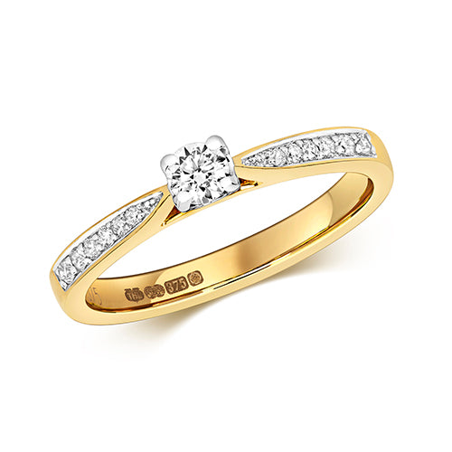 9ct Yellow Gold Diamond Solitaire  Set  Shoulders Ring - E Bixby Jewellers