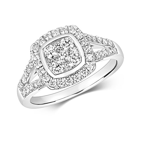18ct White Gold Diamond Split Shoulder Cushion Ring - E Bixby Jewellers