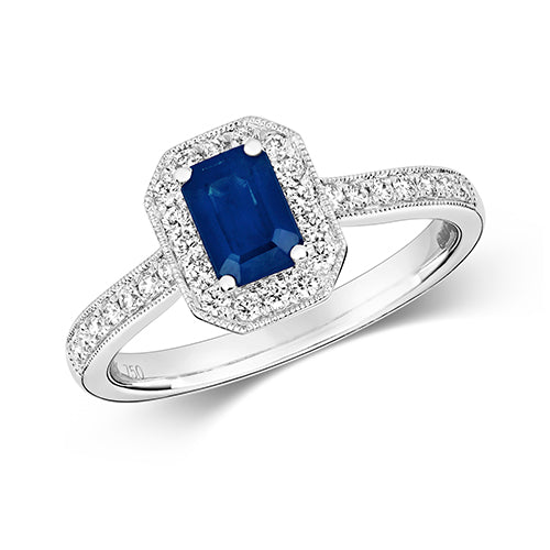 18ct White Gold Diamond Cluster Octagonal Sapphire Ring - E Bixby Jewellers