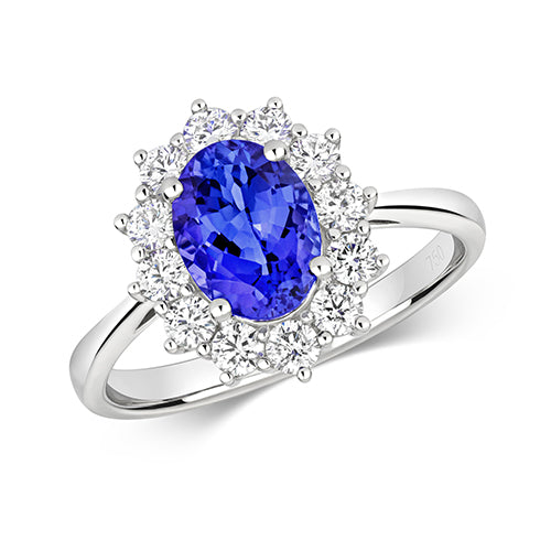 18ct White Gold Diamond Cluster and Oval Tanzanite Ring - E Bixby Jewellers