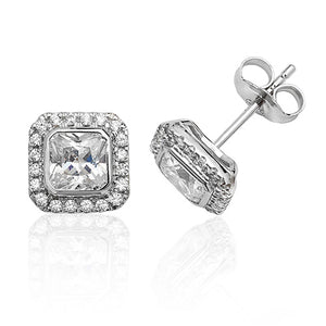 Silver Bezel Set Halo Style Square Cz Stud Earrings - E Bixby Jewellers