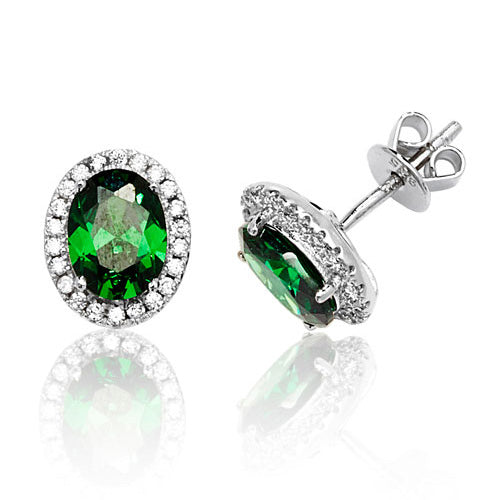 Silver Claw Set Halo Style Oval Green Studs - E Bixby Jewellers