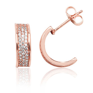 Silver Rose Gold Plated Three Row Pave 1/2 Hoop Cz Stud Earrings - E Bixby Jewellers