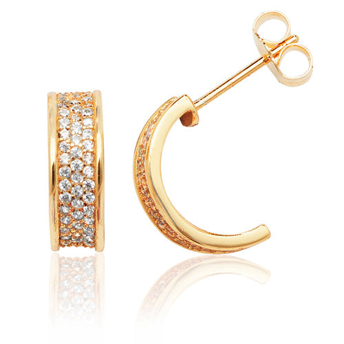 Siver Yellow Gold Plated Three Row 1/2 Hoop Cz Stud Earrings - E Bixby Jewellers