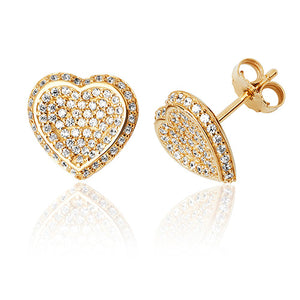 Silver Yellow Gold Plated Heart Pave Set Cz Stud Earrings - E Bixby Jewellers