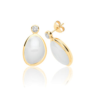 Silver Yellow Gold Plated Moon Stone & Cz stud Earrings - E Bixby Jewellers