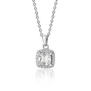 Silver Claw Set Cushion Halo Style Cz Pendant + 18" Chain - E Bixby Jewellers