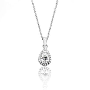 Silver Claw Set Pear Shape Halo Style Cz Pendant +18" Chain - E Bixby Jewellers