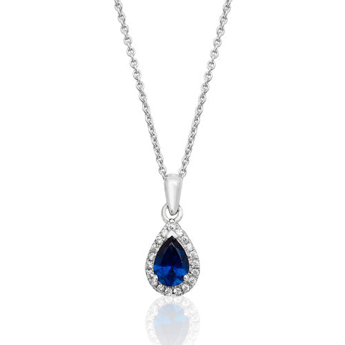 Silver Claw Set Pear Shape Halo Style Blue Cz Pendant +18