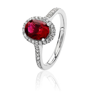Solid Silver Small Claw Set Oval Shape Halo Style Red Stone with Cubic Zirconia Ring