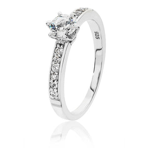 Silver Ladies Solitaire Cubic Zirconia Ring with Stone Set Shoulders