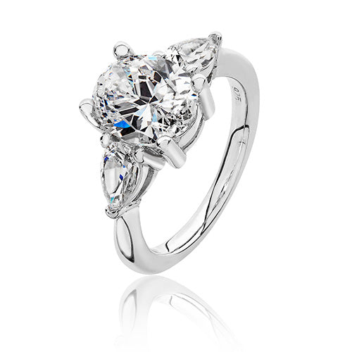 Silver Claw Set 3 Stone 10 x 8mm Oval Ctr & 6 x 4 mm Pear Shape CZ Ring - E Bixby Jewellers